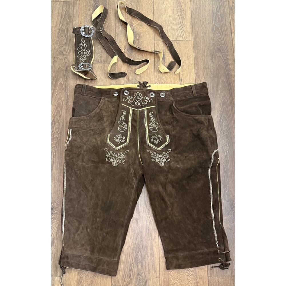 German Lederhosen Brown Leather Suede Embroidered Sz 44 Oktoberfest Pants Beer